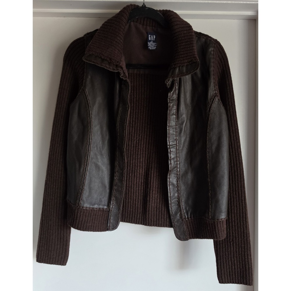 VTG Gap Women S Brown Merino Wool Leather Open Jacket Collared Long Sleeve Coat